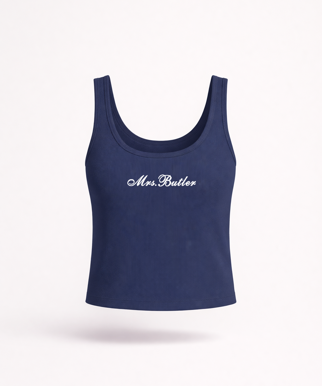Navy blue tank top with 'Mrs. Button' text on a white background