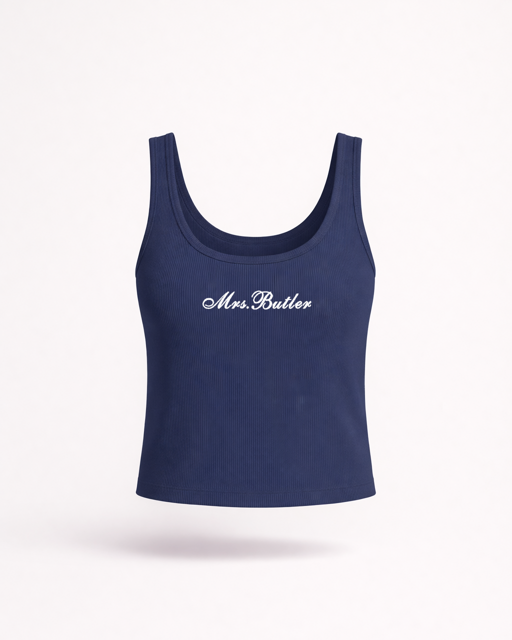 Navy blue tank top with 'Mrs. Button' text on a white background