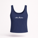 Navy blue tank top with 'Mrs. Button' text on a white background