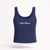 Navy blue tank top with 'Mrs. Button' text on a white background